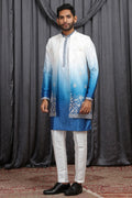 Men's Shaded Blue Art Banarasi Silk Embroidered Long Kurta Jacket Set KF