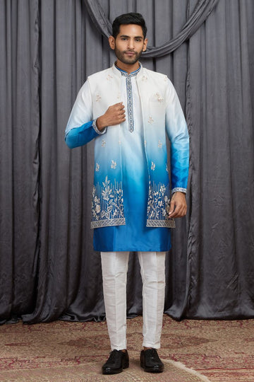 Men's Shaded Blue Art Banarasi Silk Embroidered Long Kurta Jacket Set KF