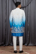 Men's Shaded Blue Art Banarasi Silk Embroidered Long Kurta Jacket Set KF