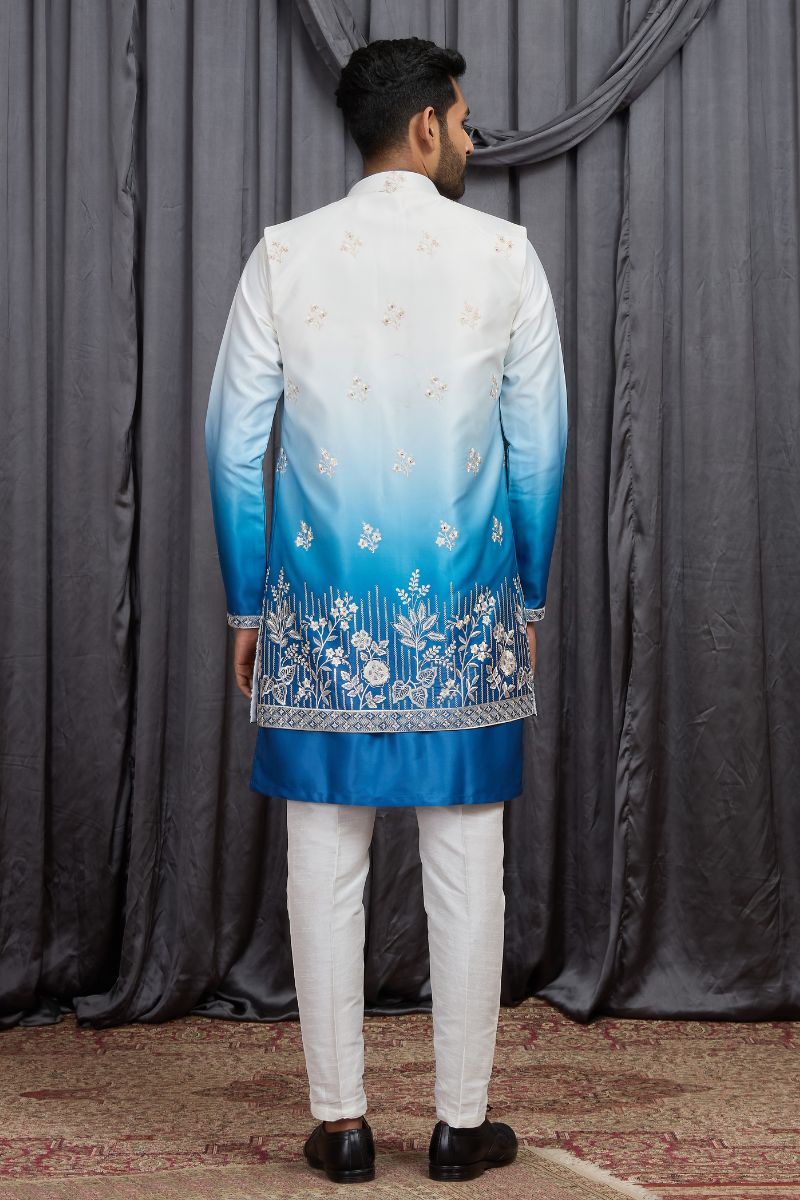Men's Shaded Blue Art Banarasi Silk Embroidered Long Kurta Jacket Set KF
