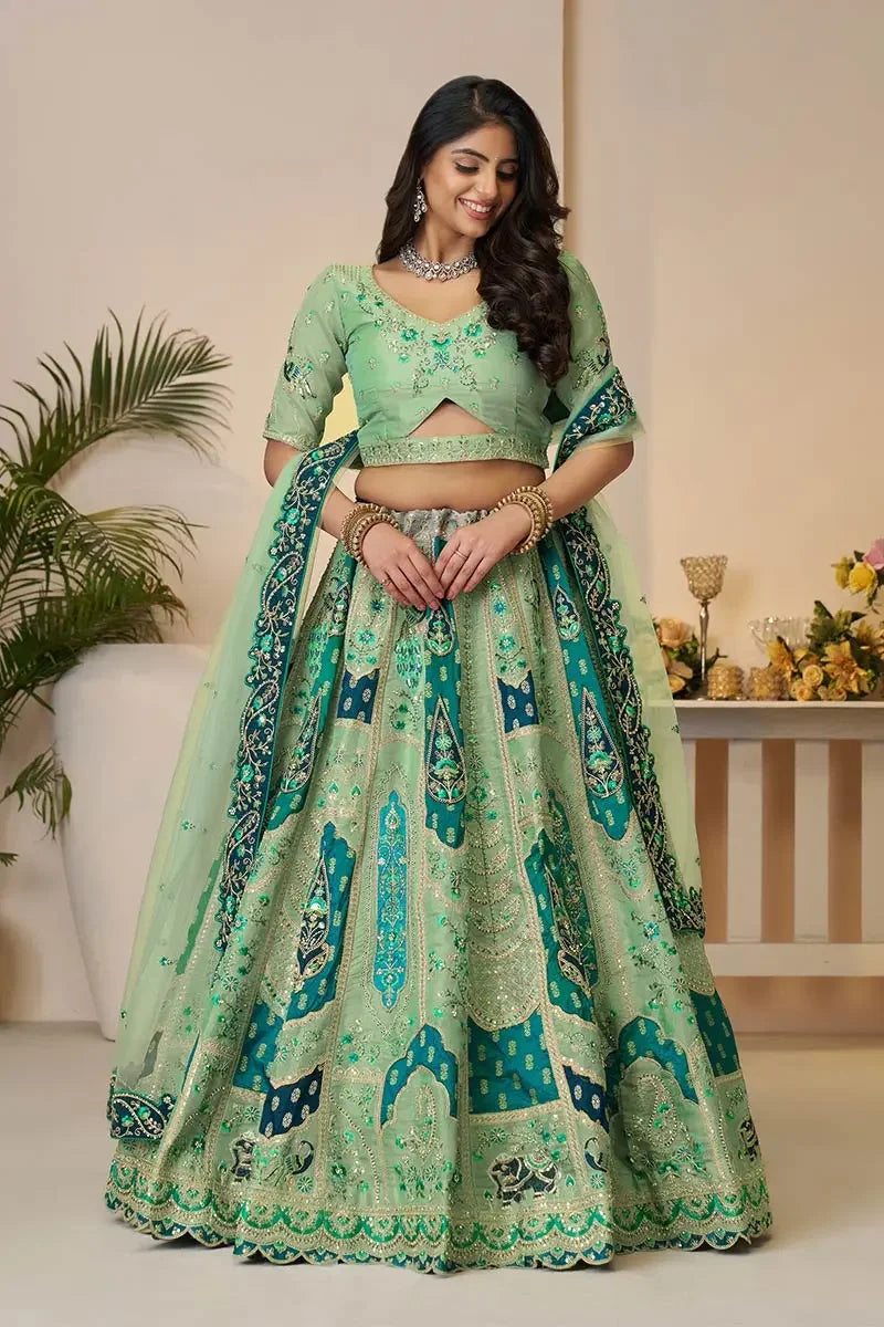 Green Banarasi silk lehengas with Sequin & Zari Work KSR
