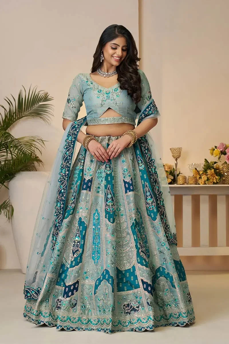 Sky Blue Banarasi silk lehengas with Sequin & Zari Work KSR