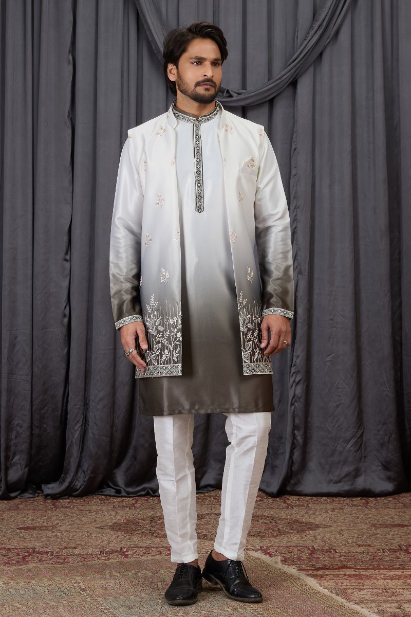 Men's Shaded Green Art Banarasi Silk Embroidered Long Kurta Jacket Set KF