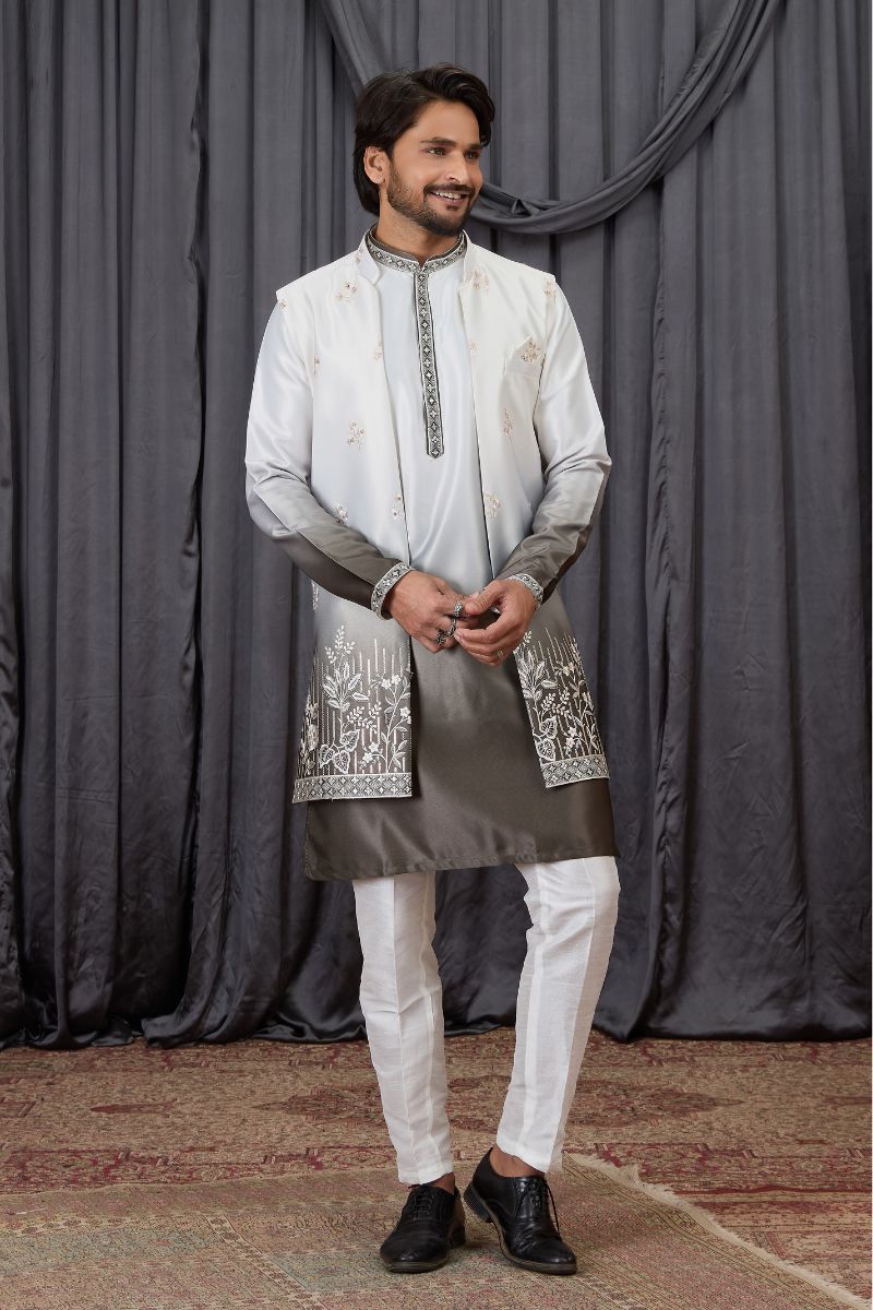 Men's Shaded Green Art Banarasi Silk Embroidered Long Kurta Jacket Set KF