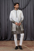 Men's Shaded Green Art Banarasi Silk Embroidered Long Kurta Jacket Set KF