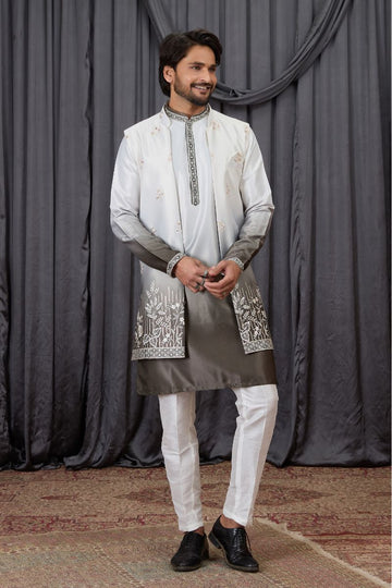 Men's Shaded Green Art Banarasi Silk Embroidered Long Kurta Jacket Set KF
