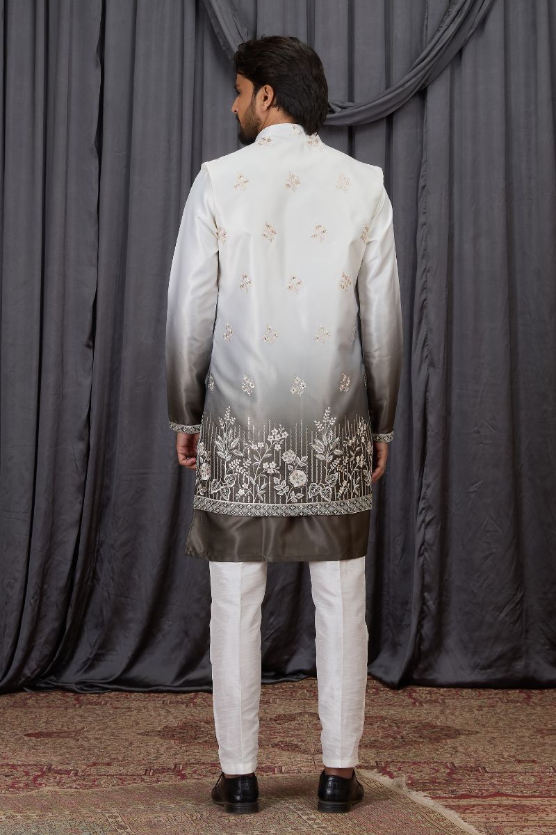 Men's Shaded Green Art Banarasi Silk Embroidered Long Kurta Jacket Set KF