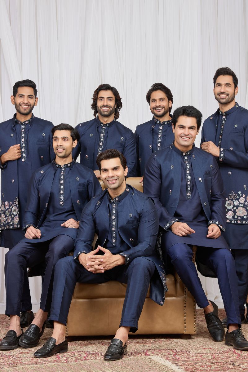 Men's Navy Blue Art Banarasi Silk Embroidered Long Kurta Jacket Set KF