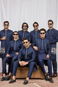 Men's Navy Blue Art Banarasi Silk Embroidered Long Kurta Jacket Set KF