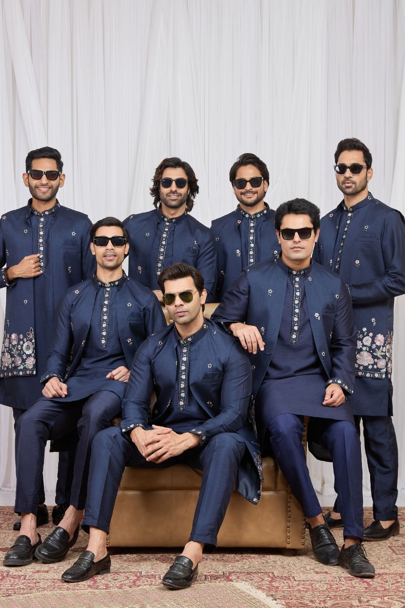 Men's Navy Blue Art Banarasi Silk Embroidered Long Kurta Jacket Set KF