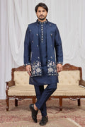 Men's Navy Blue Art Banarasi Silk Embroidered Long Kurta Jacket Set KF