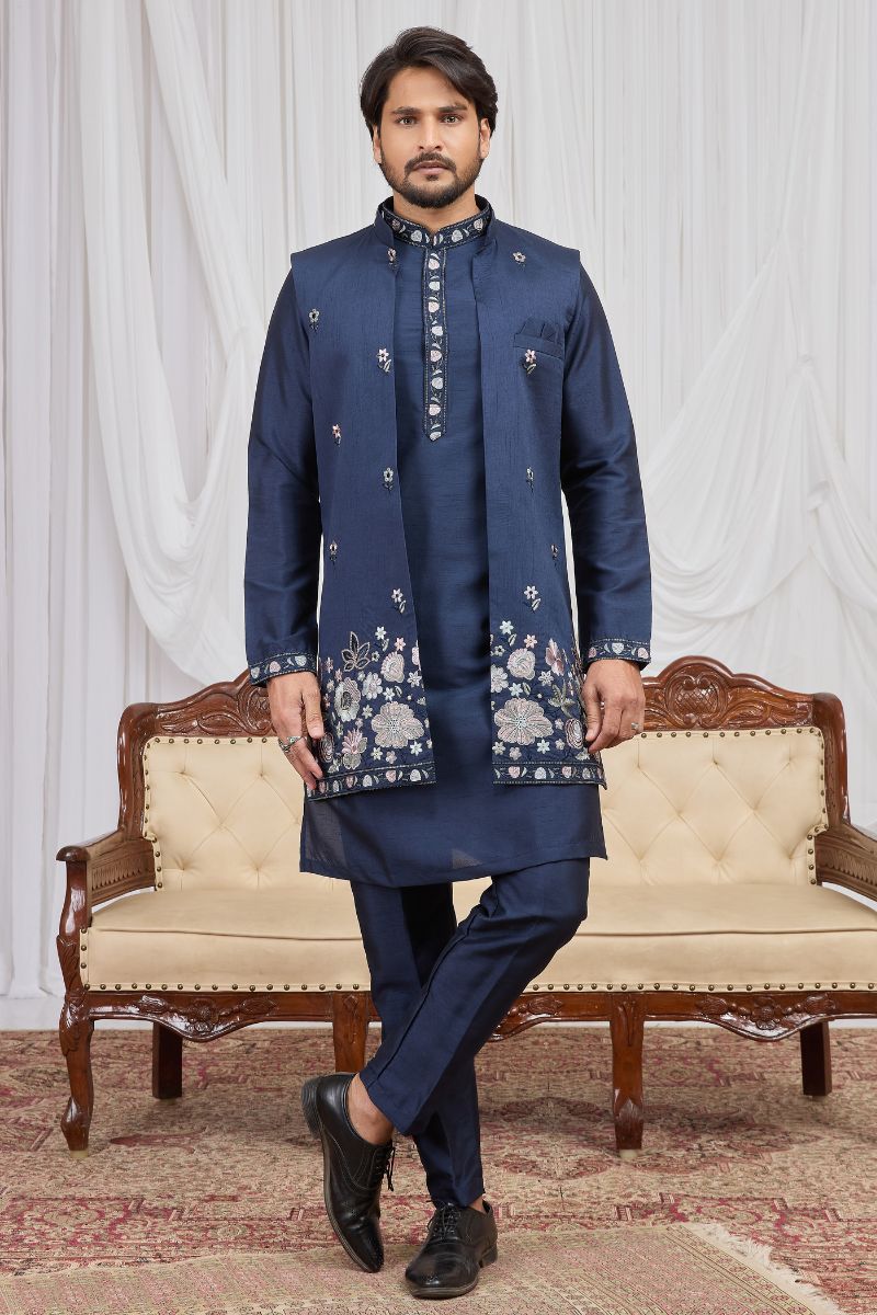 Men's Navy Blue Art Banarasi Silk Embroidered Long Kurta Jacket Set KF