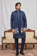Men's Navy Blue Art Banarasi Silk Embroidered Long Kurta Jacket Set KF