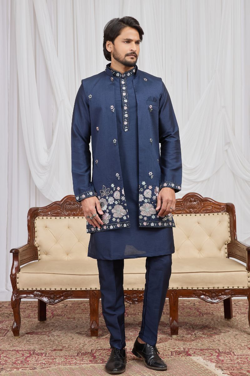 Men's Navy Blue Art Banarasi Silk Embroidered Long Kurta Jacket Set KF