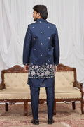Men's Navy Blue Art Banarasi Silk Embroidered Long Kurta Jacket Set KF