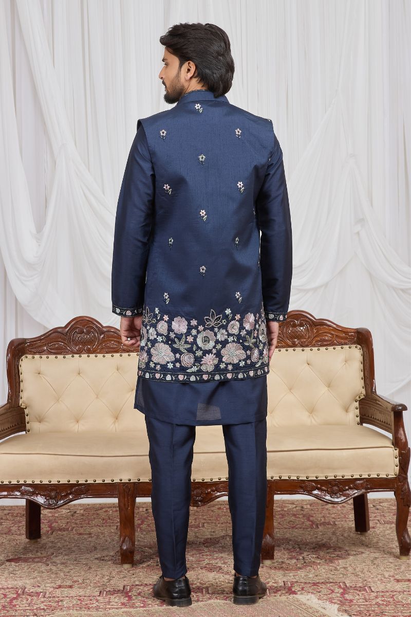 Men's Navy Blue Art Banarasi Silk Embroidered Long Kurta Jacket Set KF