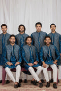 Men's Teal Blue Art Banarasi Silk Embroidered Long Kurta Jacket Set KF