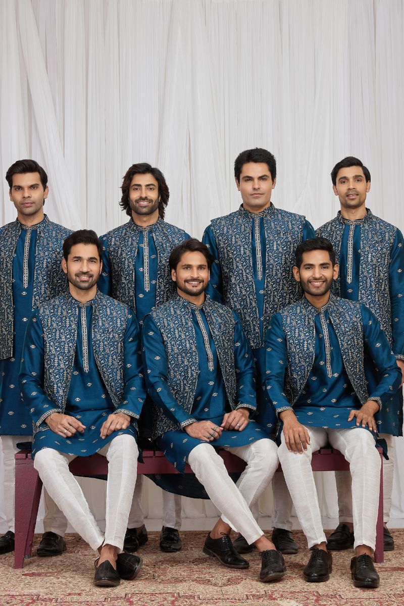 Men's Teal Blue Art Banarasi Silk Embroidered Long Kurta Jacket Set KF
