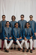 Men's Teal Blue Art Banarasi Silk Embroidered Long Kurta Jacket Set KF