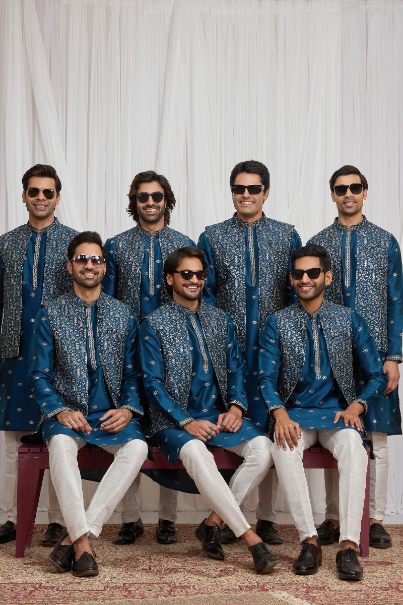Men's Teal Blue Art Banarasi Silk Embroidered Long Kurta Jacket Set KF