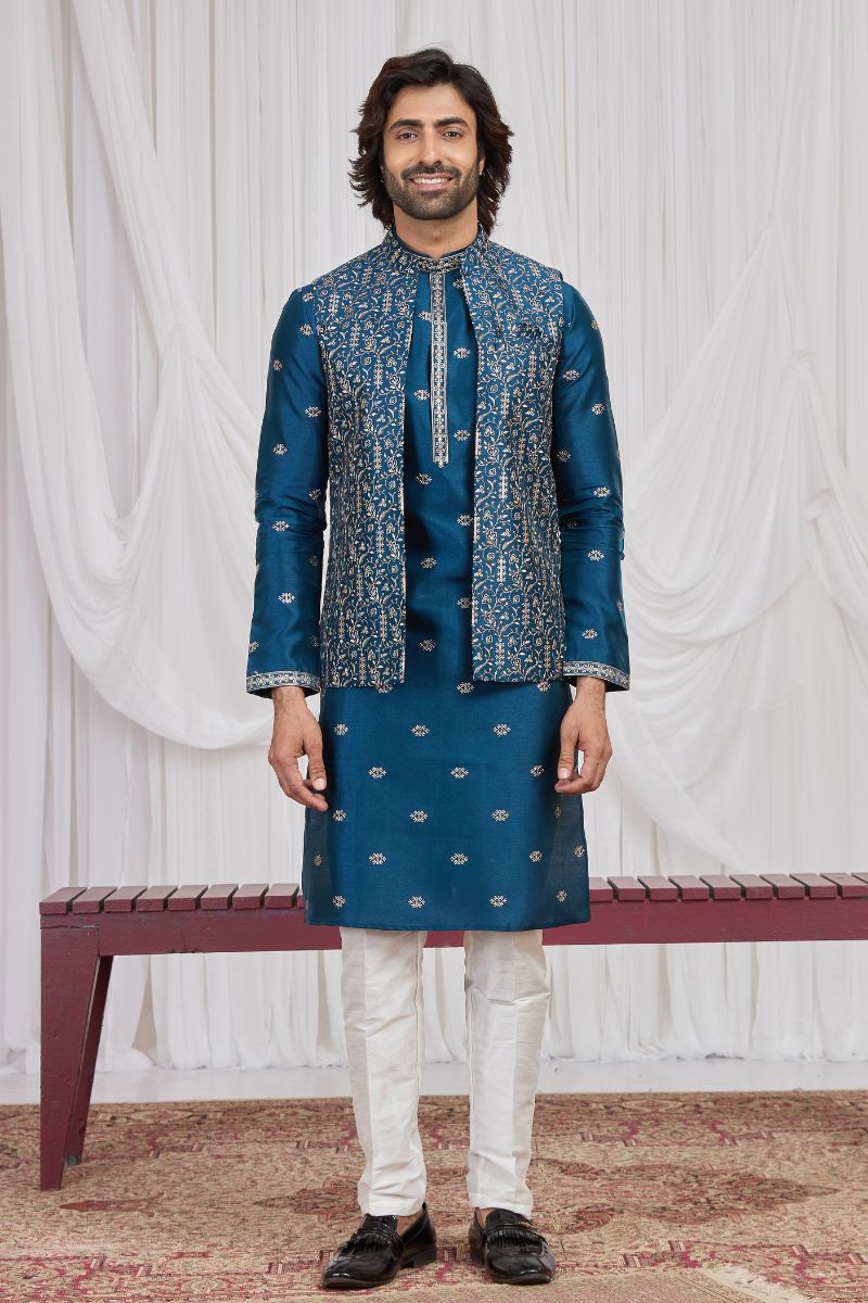 Men's Teal Blue Art Banarasi Silk Embroidered Long Kurta Jacket Set KF