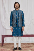 Men's Teal Blue Art Banarasi Silk Embroidered Long Kurta Jacket Set KF
