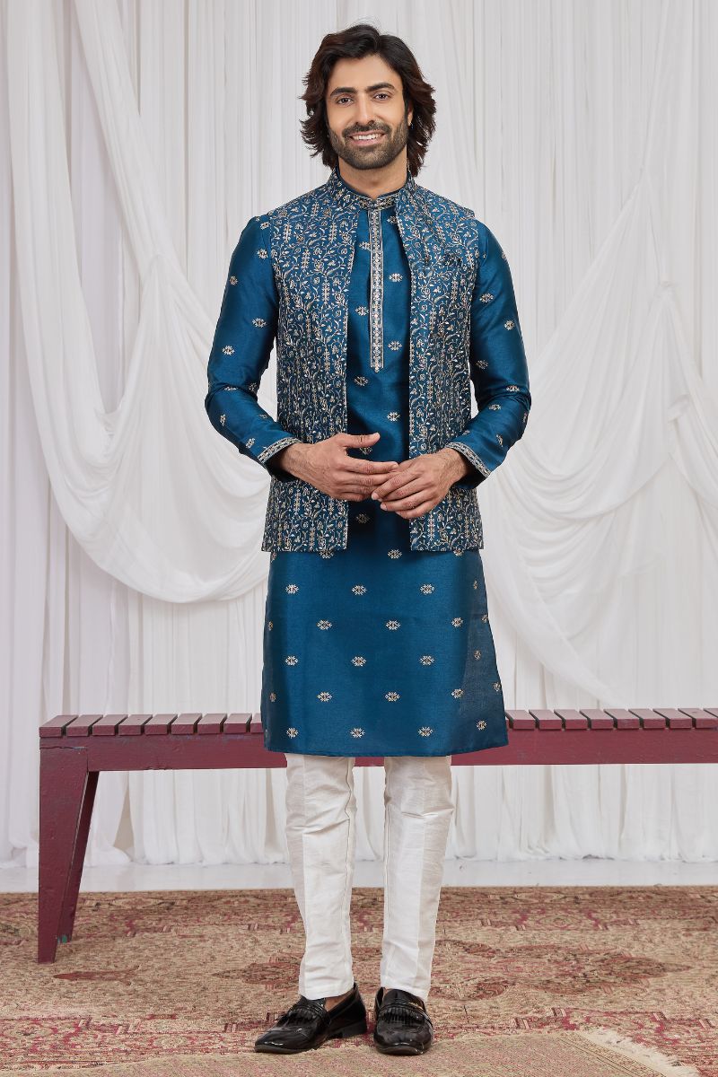 Men's Teal Blue Art Banarasi Silk Embroidered Long Kurta Jacket Set KF