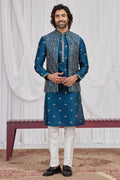 Men's Teal Blue Art Banarasi Silk Embroidered Long Kurta Jacket Set KF