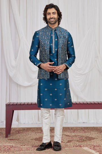 Men's Teal Blue Art Banarasi Silk Embroidered Long Kurta Jacket Set KF
