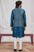 Men's Teal Blue Art Banarasi Silk Embroidered Long Kurta Jacket Set KF