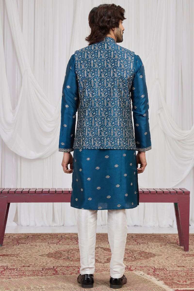 Men's Teal Blue Art Banarasi Silk Embroidered Long Kurta Jacket Set KF