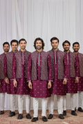 Men's Burgundy Art Banarasi Silk Embroidered Long Kurta Jacket Set KF