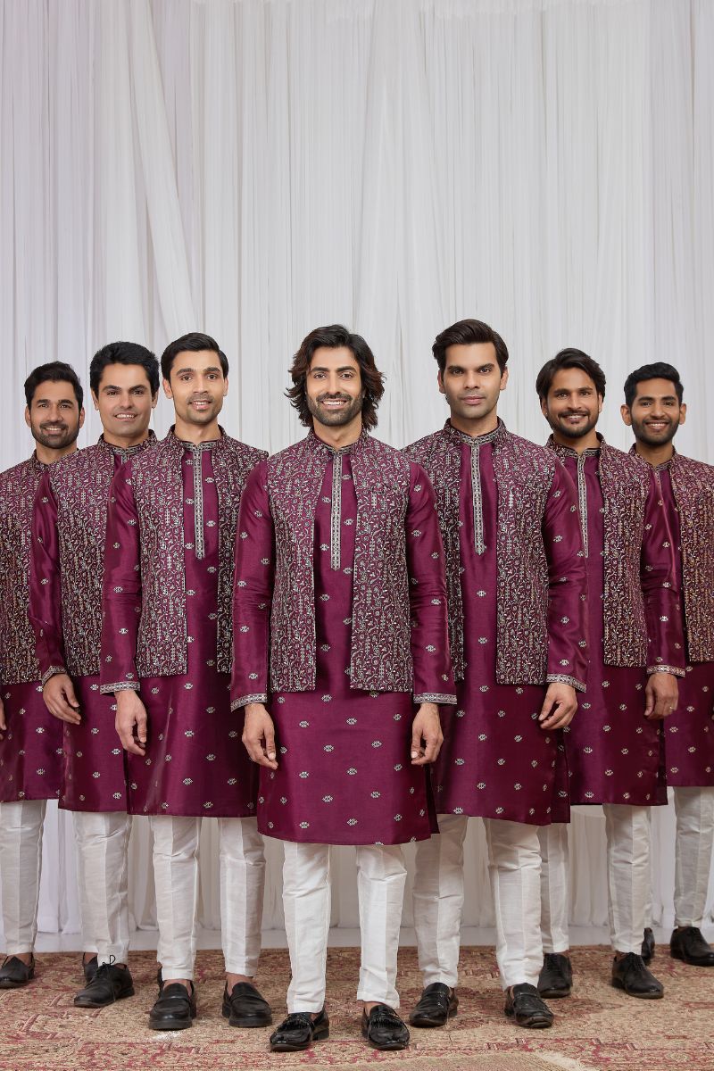 Men's Burgundy Art Banarasi Silk Embroidered Long Kurta Jacket Set KF