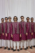 Men's Burgundy Art Banarasi Silk Embroidered Long Kurta Jacket Set KF