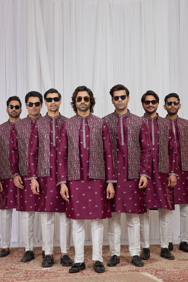 Men's Burgundy Art Banarasi Silk Embroidered Long Kurta Jacket Set KF