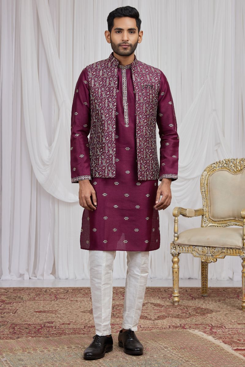 Men's Burgundy Art Banarasi Silk Embroidered Long Kurta Jacket Set KF