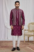 Men's Burgundy Art Banarasi Silk Embroidered Long Kurta Jacket Set KF