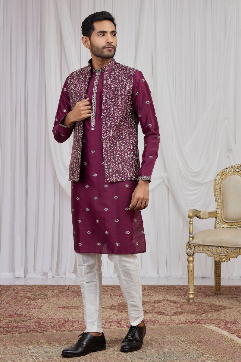 Men's Burgundy Art Banarasi Silk Embroidered Long Kurta Jacket Set KF