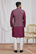 Men's Burgundy Art Banarasi Silk Embroidered Long Kurta Jacket Set KF