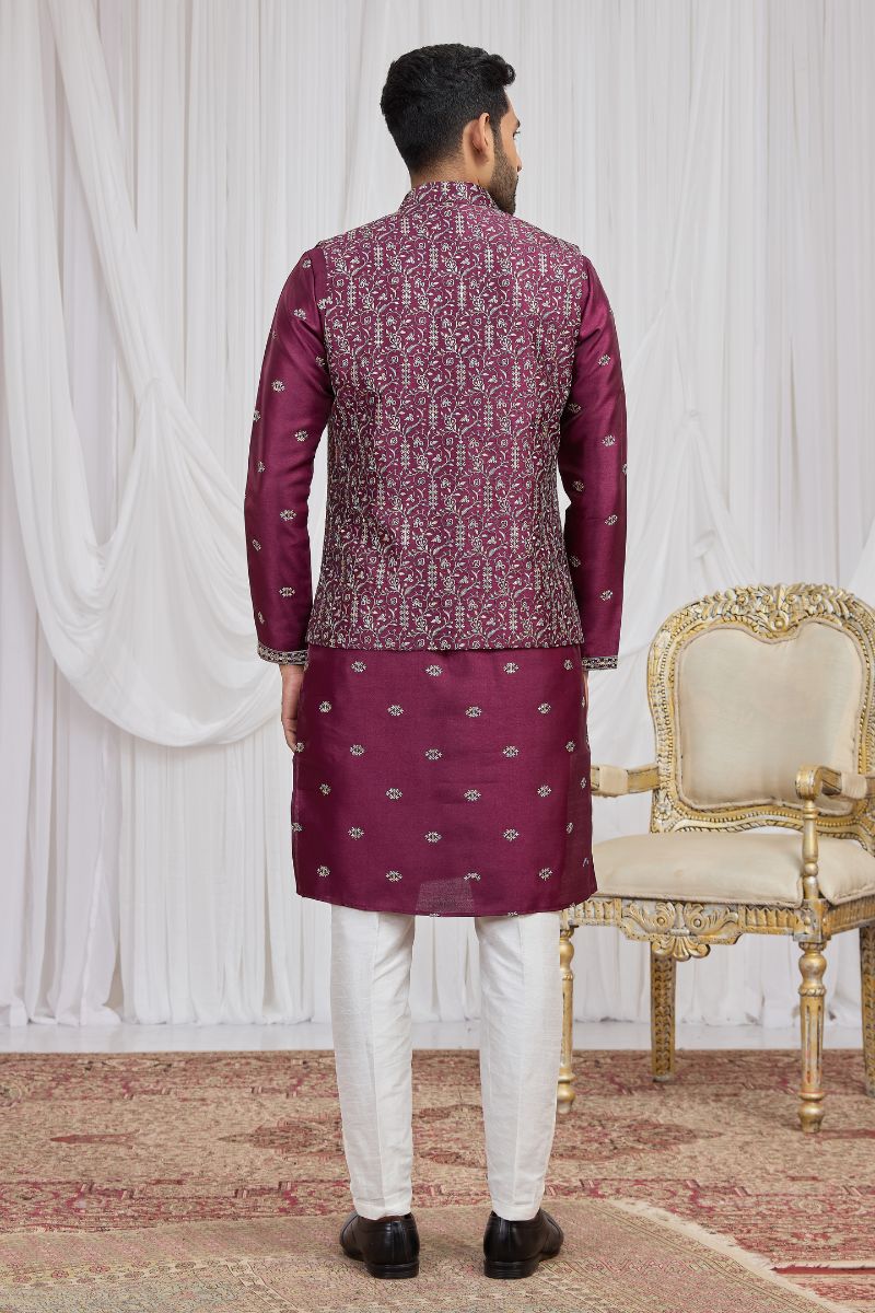 Men's Burgundy Art Banarasi Silk Embroidered Long Kurta Jacket Set KF