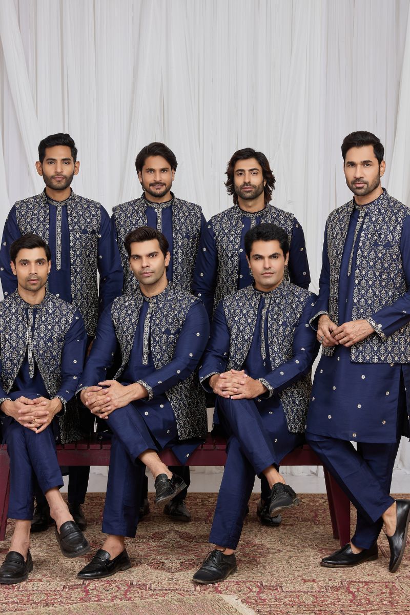 Men's Blue Art Banarasi Silk Embroidered Kurta Jacket Set KF
