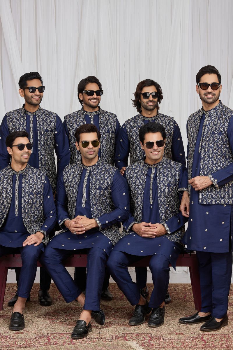 Men's Blue Art Banarasi Silk Embroidered Kurta Jacket Set KF