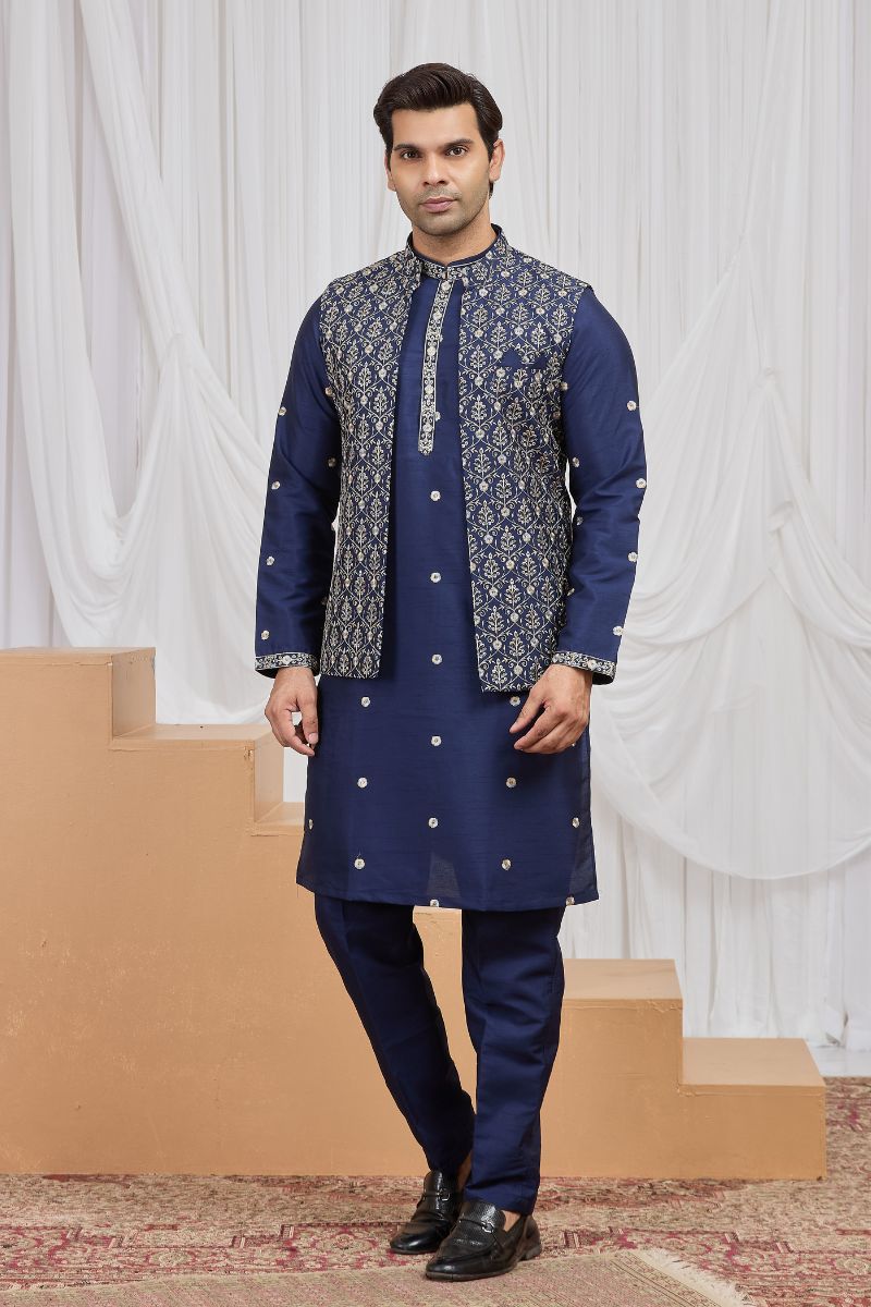 Men's Blue Art Banarasi Silk Embroidered Kurta Jacket Set KF