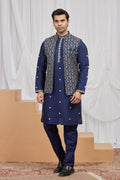 Men's Blue Art Banarasi Silk Embroidered Kurta Jacket Set KF