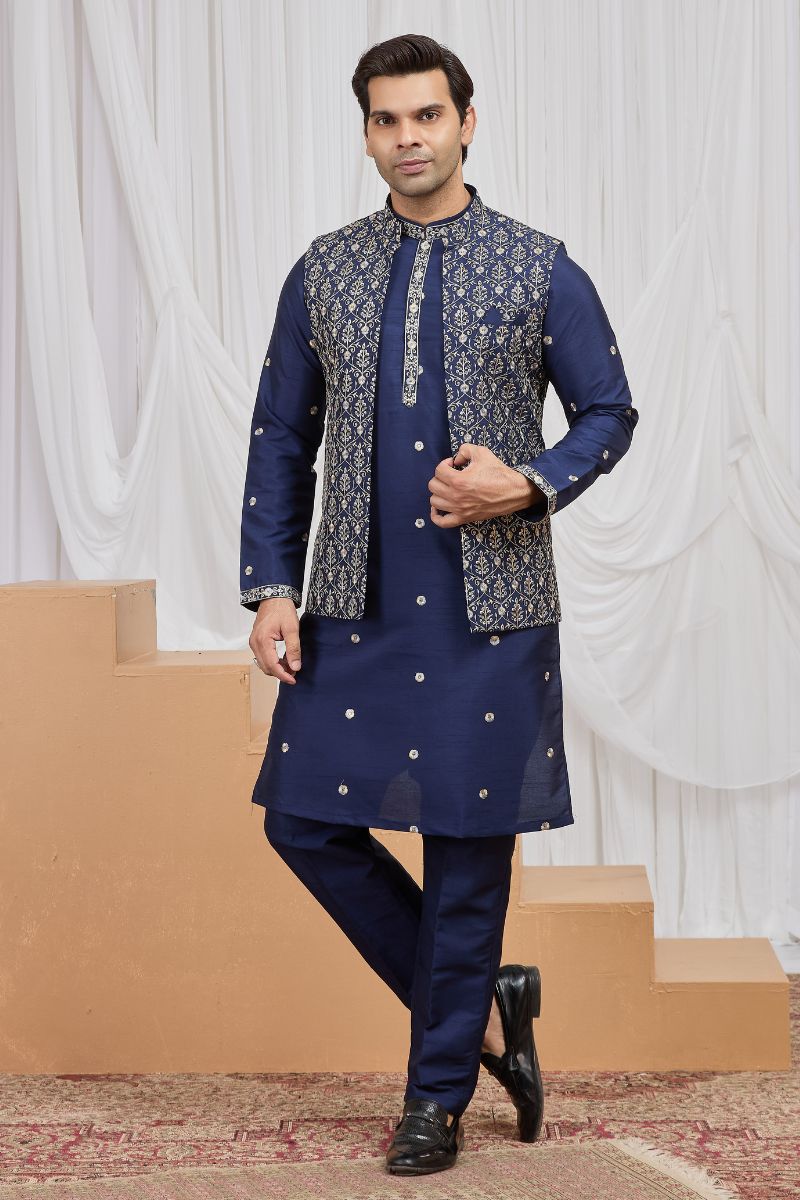 Men's Blue Art Banarasi Silk Embroidered Kurta Jacket Set KF