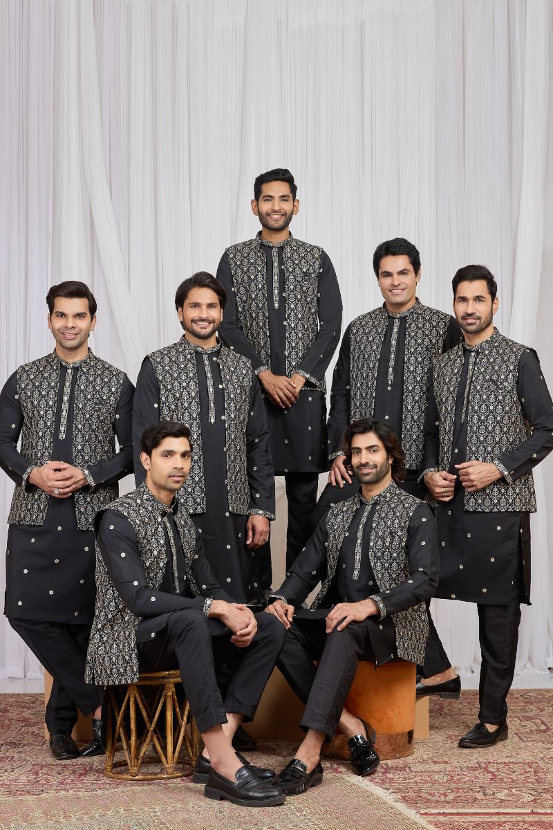 Men's Black Art Banarasi Silk Embroidered Kurta Jacket Set KF