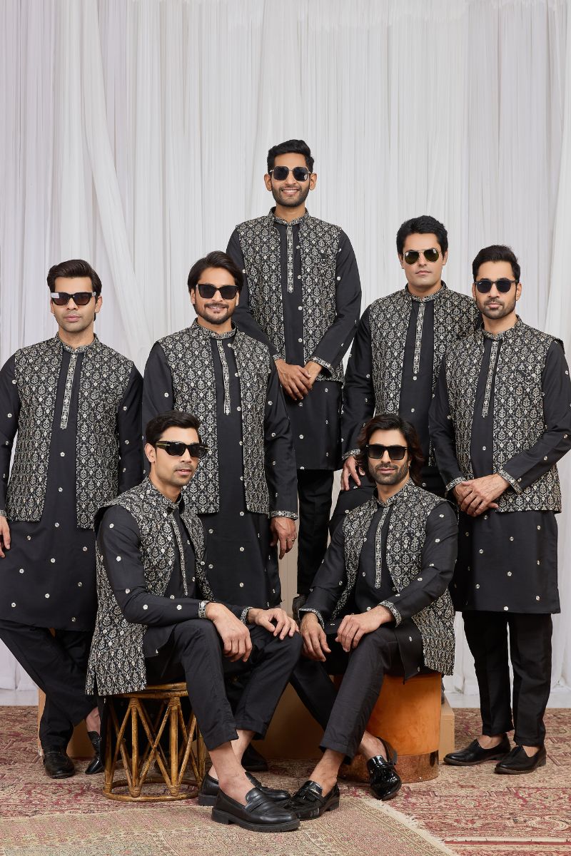 Men's Black Art Banarasi Silk Embroidered Kurta Jacket Set KF