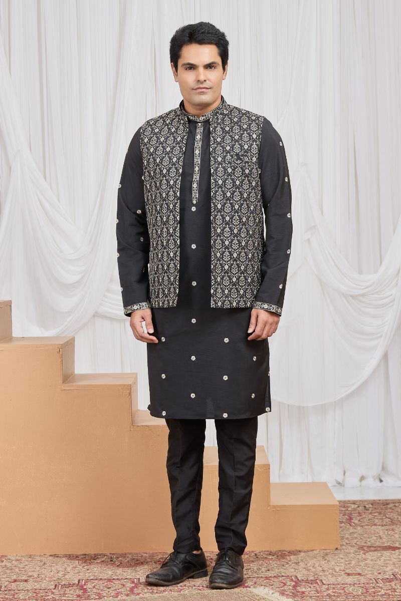 Men's Black Art Banarasi Silk Embroidered Kurta Jacket Set KF
