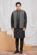 Men's Black Art Banarasi Silk Embroidered Kurta Jacket Set KF