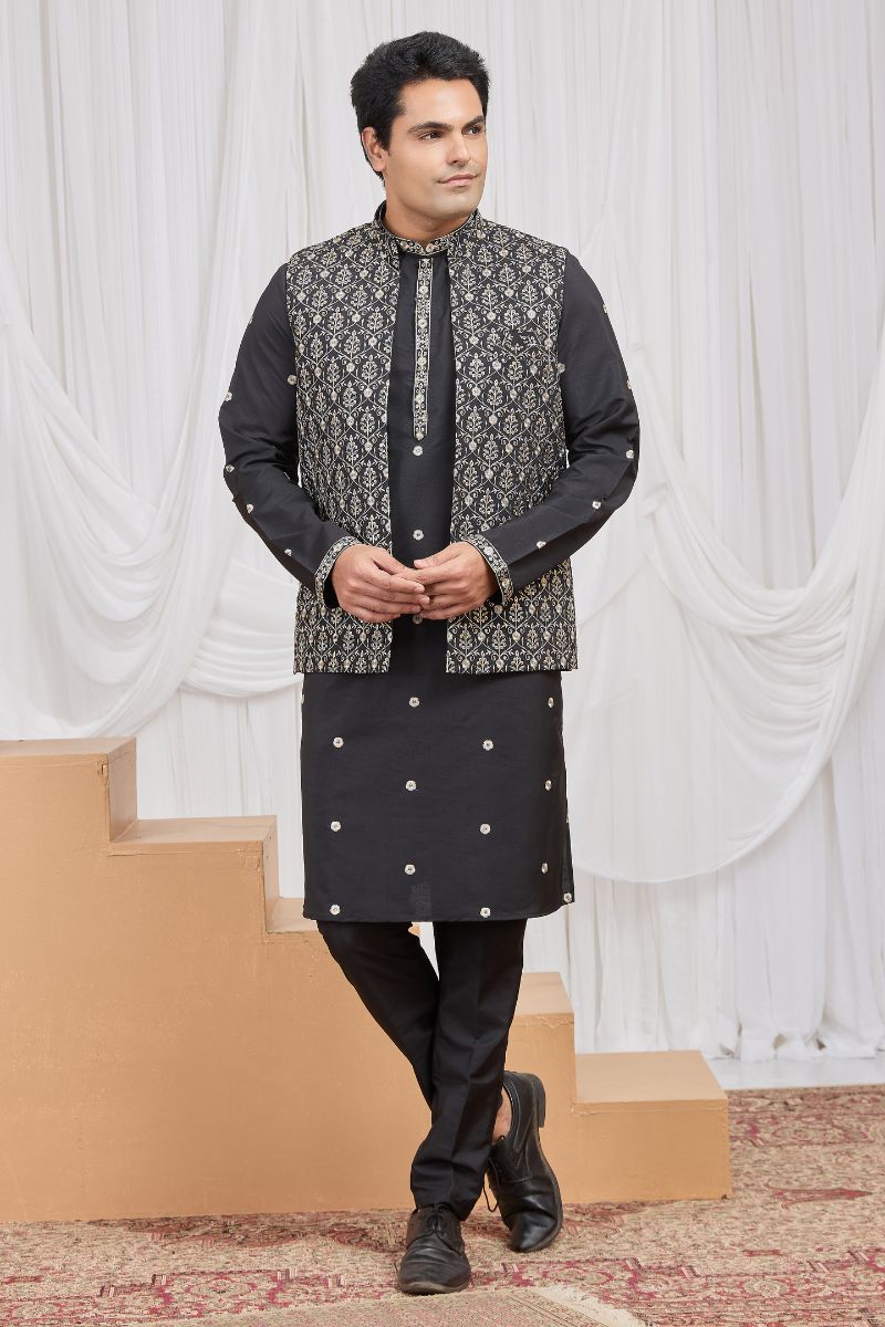 Men's Black Art Banarasi Silk Embroidered Kurta Jacket Set KF